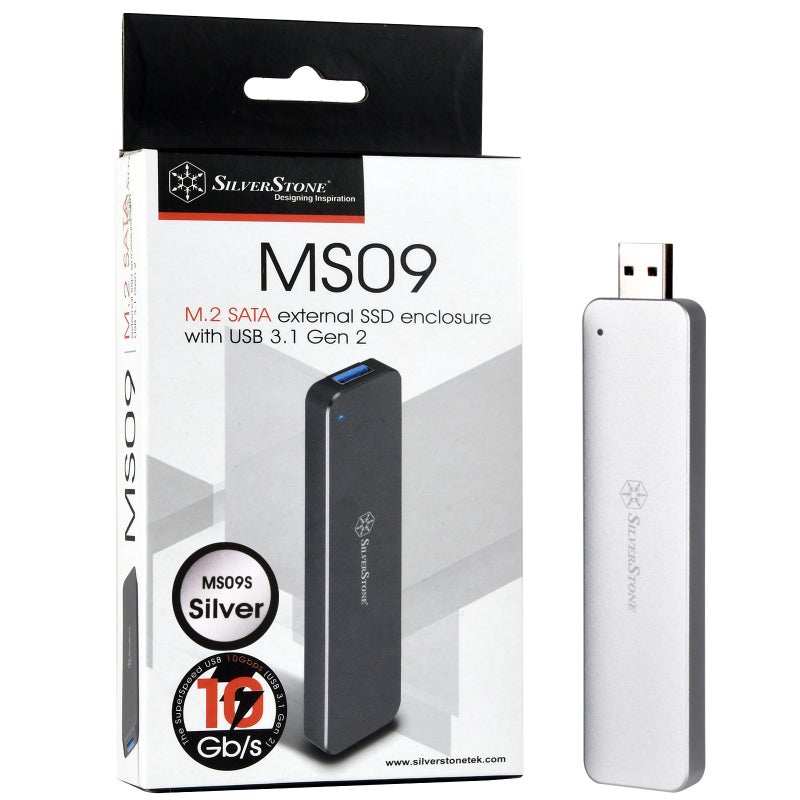 SilverStone Technology M.2 SATA SSD to USB 3.1 Gen 2 Enclosure with Retractable Aluminum USB Type-A Housing in Silver MS09S - Image 1